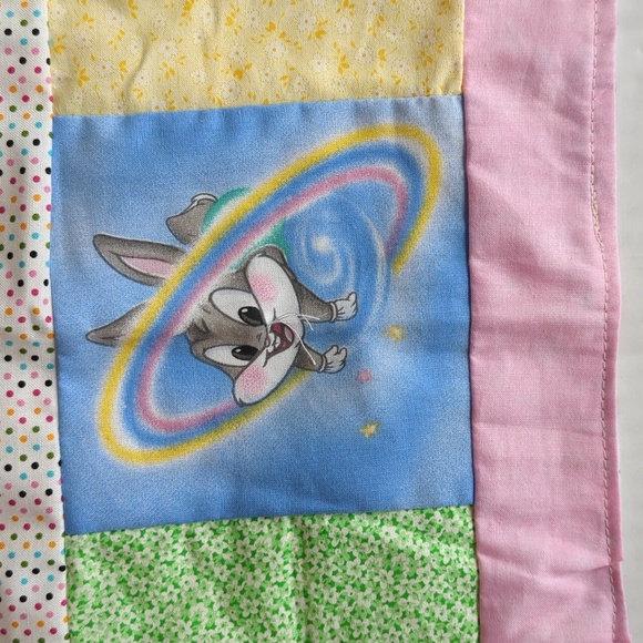 Vintage 90's Reversible Patchwork Looney Tunes Characters Baby Blanket Blue Pink - Picture 11 of 16